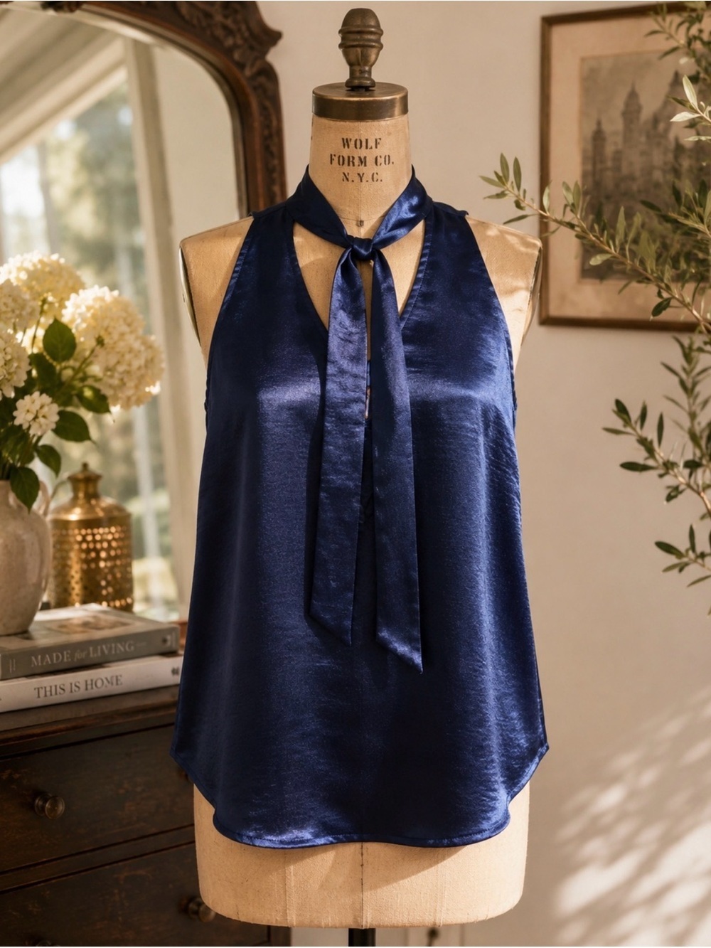 Anthropologie Maeve Navy Satin Tie Neck Sleeveless Swing Blouse Top 2P